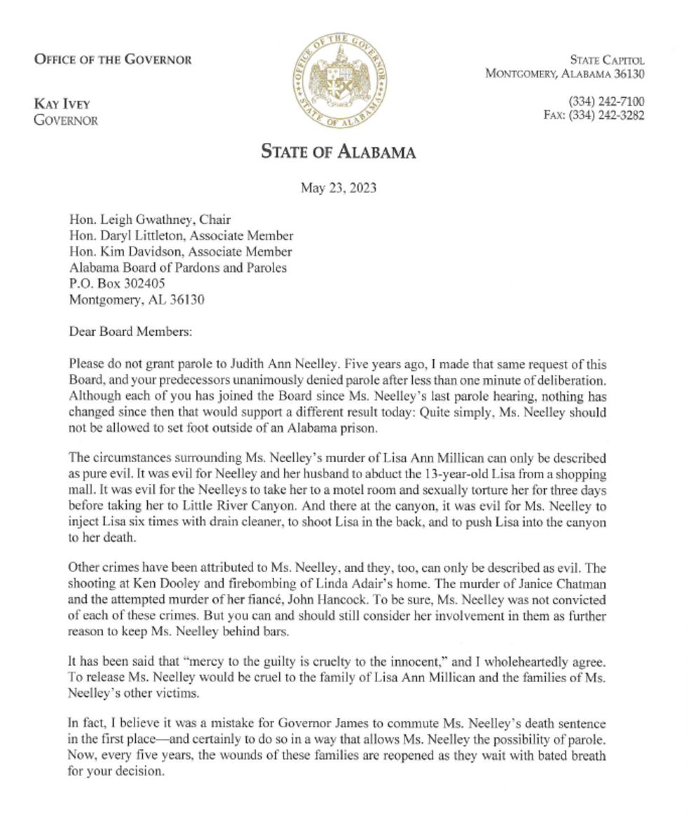 Governor Ivey's letter to the Alabama Board of Pardons and Paroles.