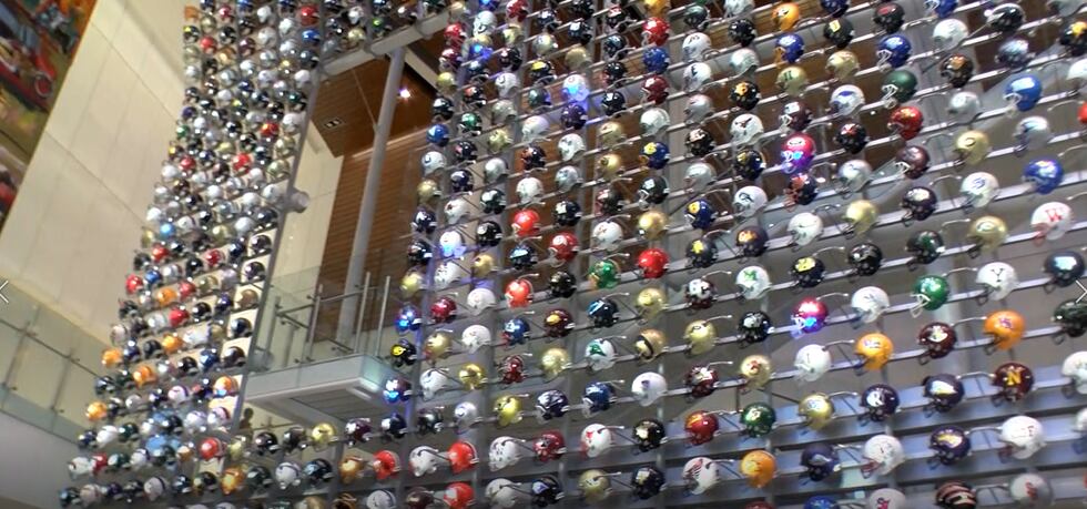 40-foot wall decorated with nearly 800 football helmets