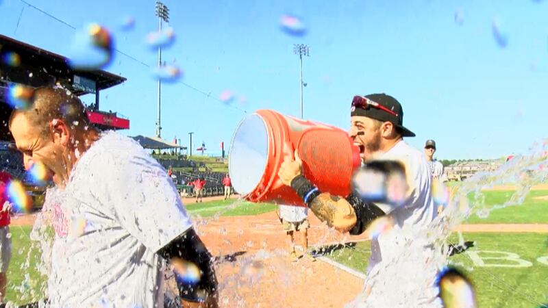 Trash Pandas Manager Andy Schatzley doused in water after Rocket City clinches first half title