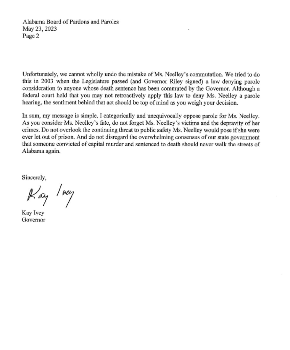 Governor Ivey's letter to the Alabama Board of Pardons and Paroles.