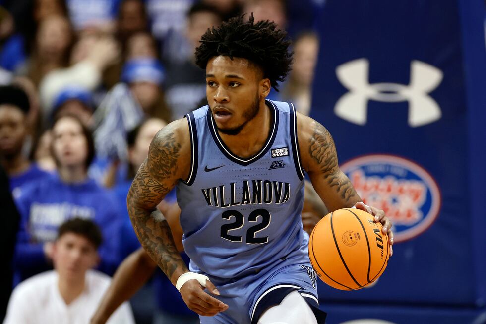 FILE - Villanova forward Cam Whitmore (22) looks to pass against Seton Hall during the first...