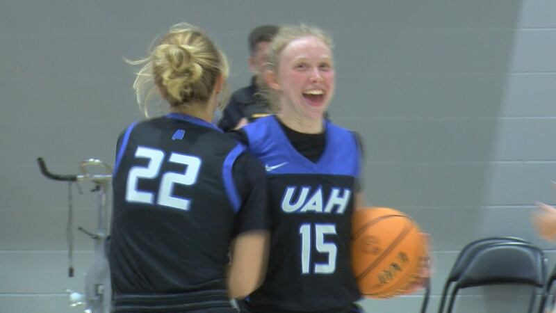 UAH women's basketball all smiles after defeating No. 3 Tampa at home.