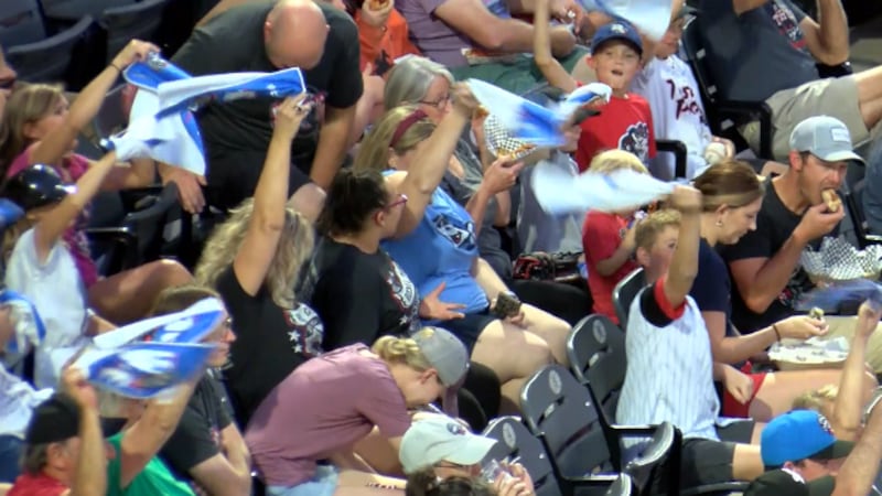 Rocket City Trash Pandas fans celebrate at Toyota field during Game Two of the Southern League...