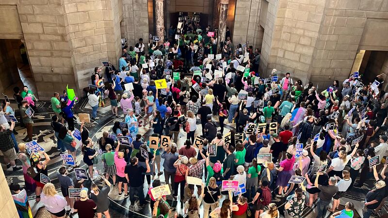 Hundreds of people descend on the Nebraska Capitol, in Lincoln, on Tuesday, May 16, 2023, to...