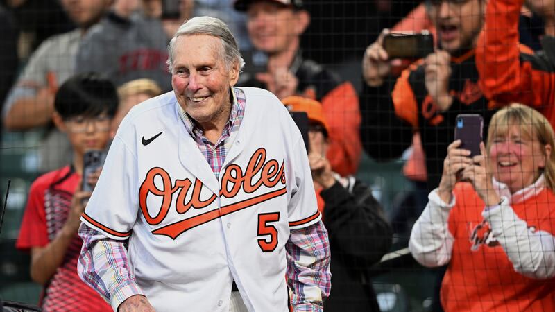 Former Baltimore Orioles third baseman Brooks Robinson is honored during a ceremony for the...
