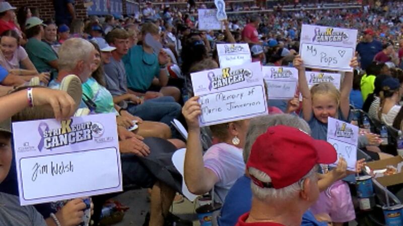 Rocket City Trash panda fans hold signs in honor of those battling cancer July 7, 2023