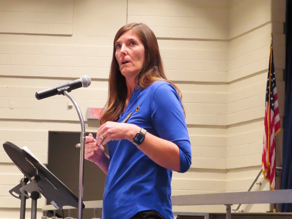 Christine Girtain, a science teacher in one of Toms River, N.J.'s high schools, speaks at a...