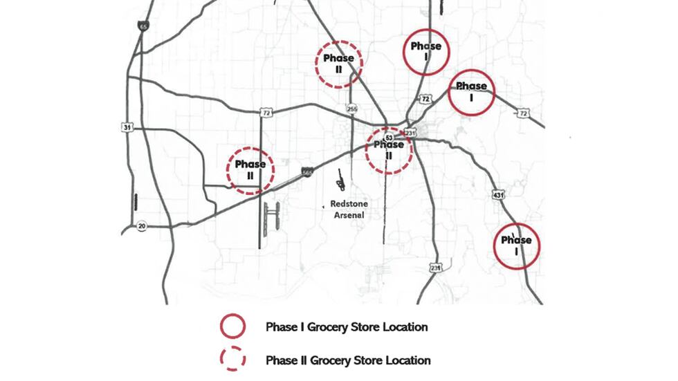 Proposed locations for new Food City locations around Huntsville