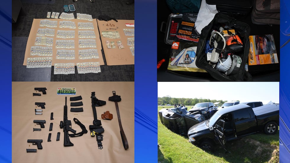 The items include a tent, tape, rope, guns and money.