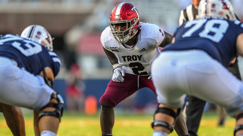 Troy Linebacker Carlton Martial (#2) plays against Ole Miss during the 2022 season.